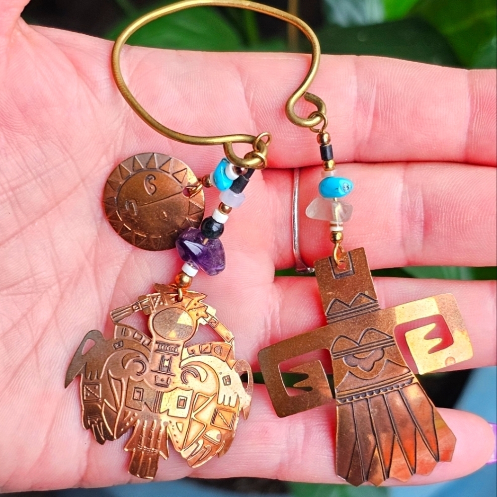 Vintage Copper Gem Stones Amethyst Turquoise Native Scarf Ring Sun Man Bird